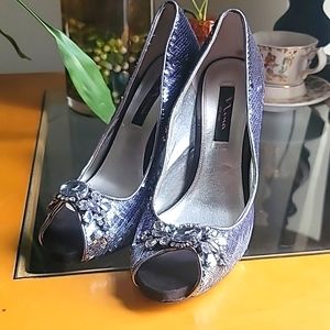 nina New York Silver Sequin Jeweled peep-toe heels